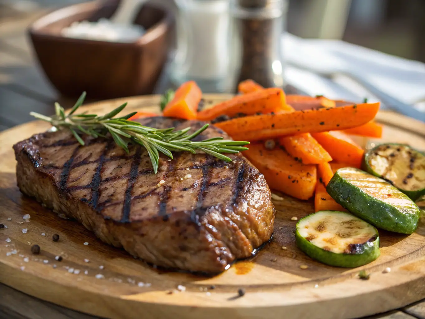 A vibrant image of a perfectly cooked steak with grill marks, accompanied by roasted vegetables and a rich red wine reduction, served at Acclaimed Services Group LLC.