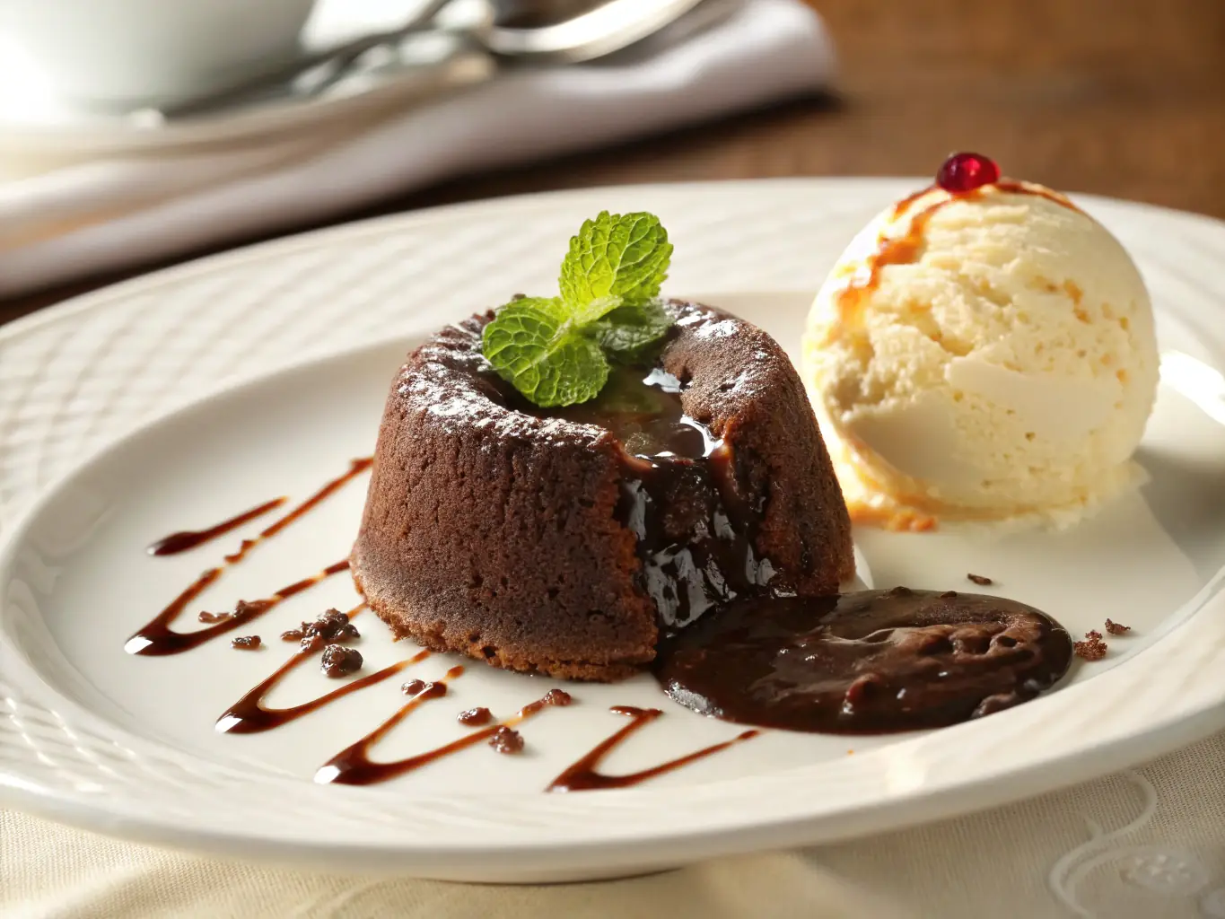 A decadent chocolate lava cake with a molten center, served with a scoop of vanilla ice cream and fresh berries, presented in an elegant dessert setting at Acclaimed Services Group LLC.