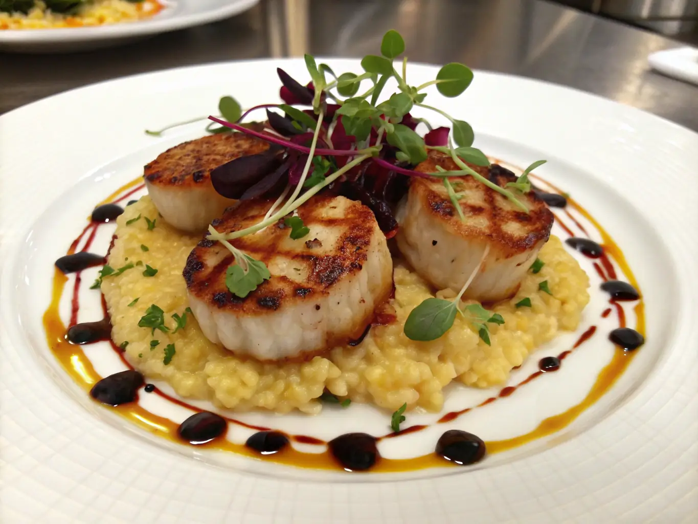 A beautifully plated dish of seared scallops with a lemon butter sauce, garnished with fresh herbs, presented in a fine dining setting at Acclaimed Services Group LLC.